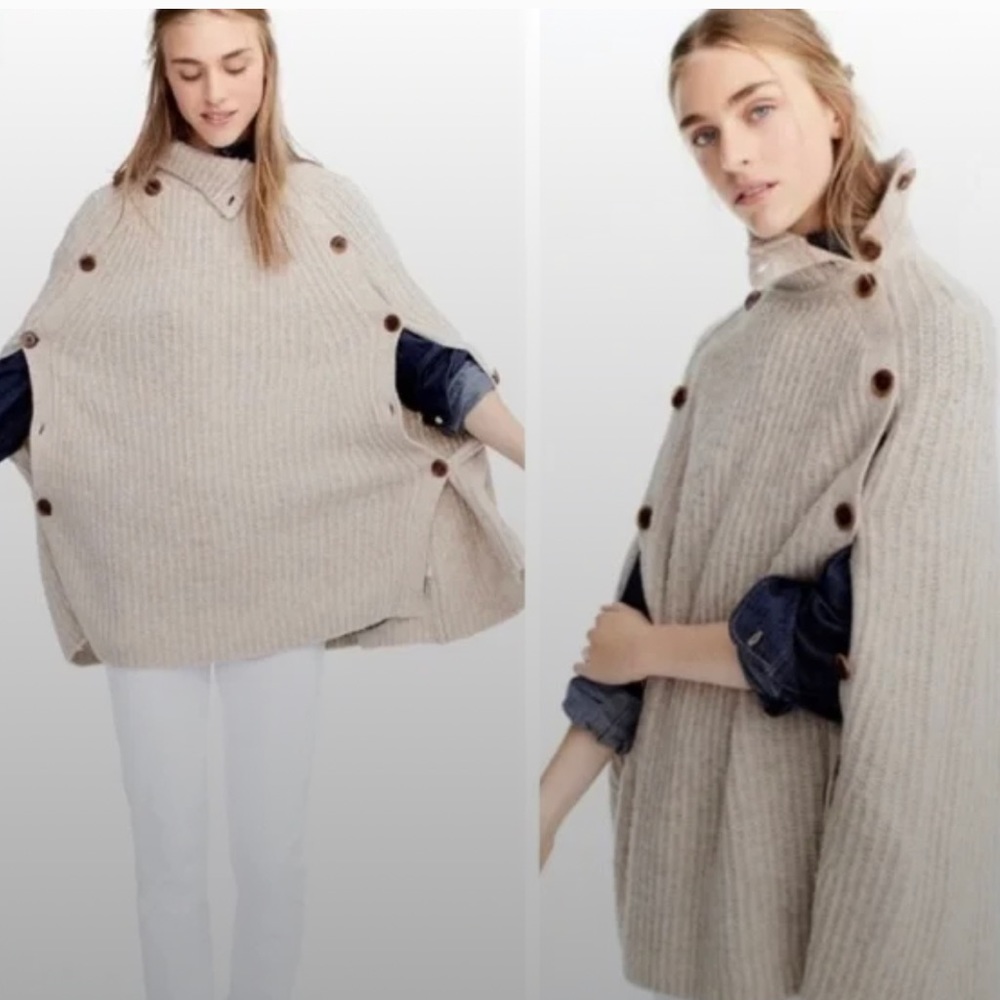 J. Crew Beige Ribbed Button-Side Cowl Turtleneck Poncho